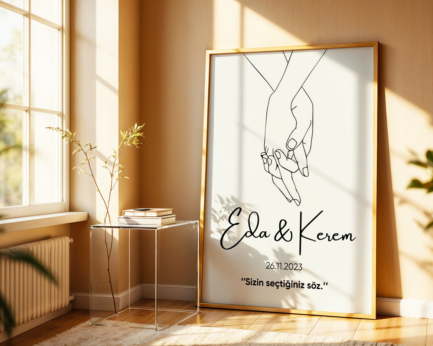 Kişiye Özel Poster – İsim, Tarih ve Sözlü Minimal Çift Çizimi – Baskılı & Çerçeveli Duvar Dekoru