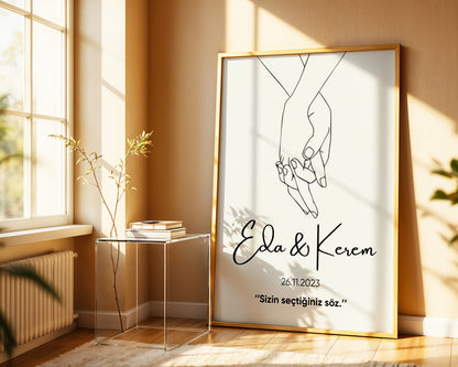 Kişiye Özel Poster – İsim, Tarih ve Sözlü Minimal Çift Çizimi – Baskılı & Çerçeveli Duvar Dekoru