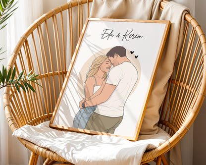 Kişiye Özel Karikatür Çift Posteri – Baskılı ve Çerçeveli Duvar Dekoru