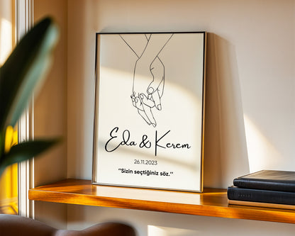 Kişiye Özel Poster – İsim, Tarih ve Sözlü Minimal Çift Çizimi – Baskılı & Çerçeveli Duvar Dekoru