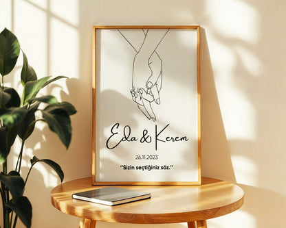 Kişiye Özel Poster – İsim, Tarih ve Sözlü Minimal Çift Çizimi – Baskılı & Çerçeveli Duvar Dekoru