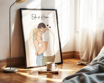 Kişiye Özel Karikatür Çift Posteri – Baskılı ve Çerçeveli Duvar Dekoru