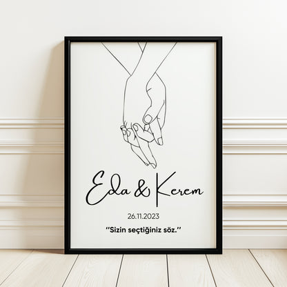 Kişiye Özel Poster – İsim, Tarih ve Sözlü Minimal Çift Çizimi – Baskılı & Çerçeveli Duvar Dekoru